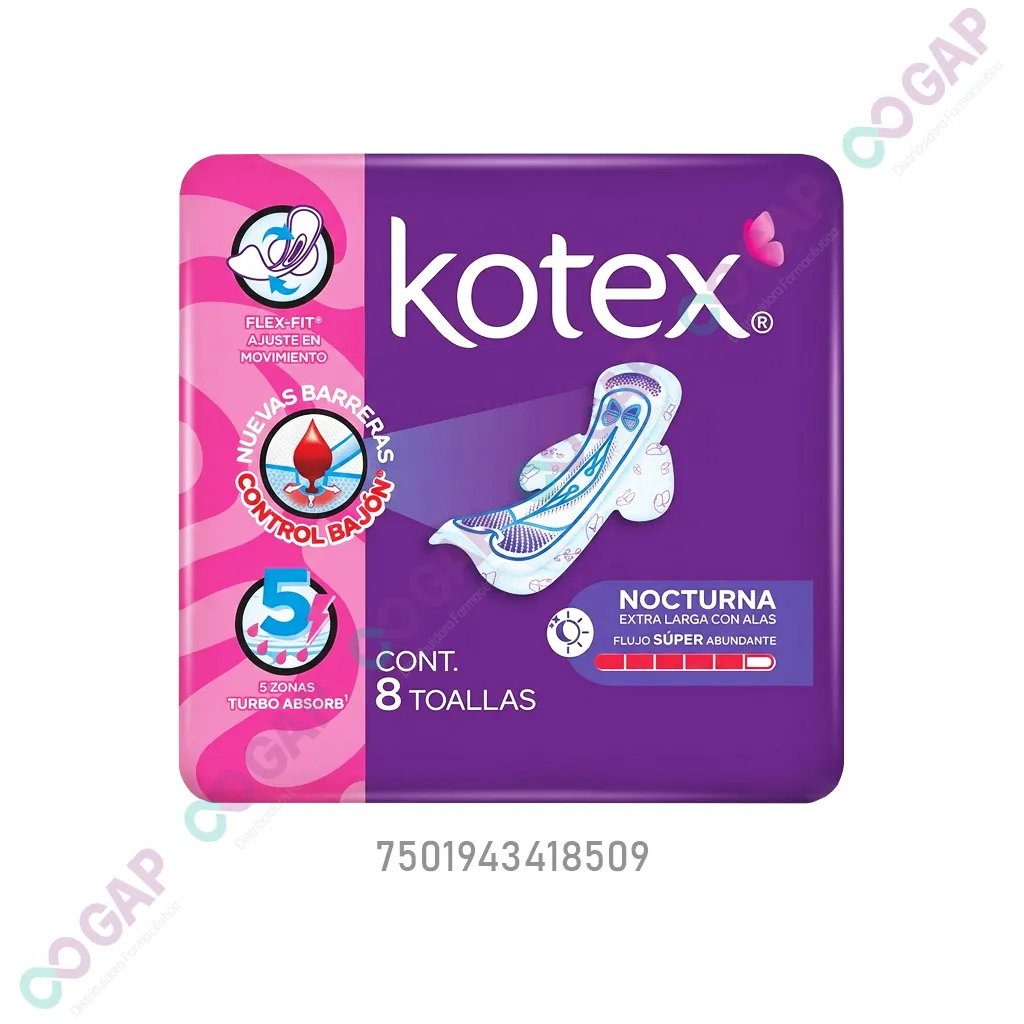TOALLAS KOTEX NOCTURNA PAQ C/8 PZS