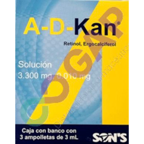 GE RETINOL,ERGOCALCIFEROL A-D-KAN SOL ING 3.300MG/0.010MG CAJA C/3 AMP